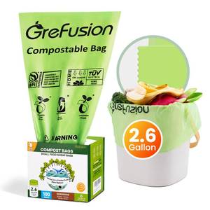 lot 12111 image: GreFusion 2.6 Gallon Compostable Trash Bags, 100 Count, Extra Thick 0.71 Mil, Certified by BPI and ASTM D6400, Perfect Fit for Small Trash Cans