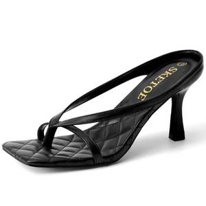 lot 15030 image: SKETOE Kitten Heels for Women Square Open Toe Sandals Dressy Wedding Party Shoes Flip Flops T Strap Slip On 3inch High Heels Black 9.5
