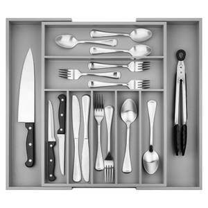 lot 15032 image: Purawood Bamboo Drawer Organizer - Expandable Silverware Organizer & Utensil Organizer, Cutlery Tray with Dividers, 7-9 Slots - Premium Kitchen Drawer Organizer for Utensils & Flatware (Grey)