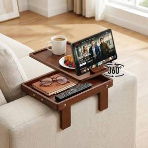 lot 15034 image: Couch Armrest Tray with Bamboo - Adjustable Sofa Arm Table with 360° Rotating Phone Holder and Hidden Storage Compartment for Snacks, Drinks, Remote, Fits Sofa Width of Armrest 5.5 - 9.8 (Brown)