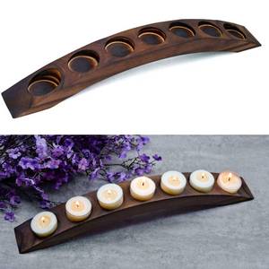 lot 15061 image: Long Wooden Bridge Tealight Candle Holder, 7 Holes - Candle Centerpieces for Tables - Rustic Wooden Color