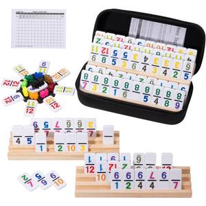 lot 15066 image: Mexican Train Dominoes Set with 4 Wooden Racks & Portable Case  Double 12 Dominoes Game (91 Numbered Tiles)  Family Board Games for Adults & Kids  Valentines Day, for All Ages
