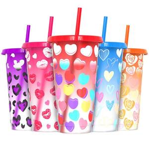 lot 15078 image: OZMOJOO Color Changing Cups, 24 oz Plastic Reusable Tumblers with Lids and Straws for Party and Travel  for Iced Coffee Tea and Smoothie - 5 Pack, Heart Style,Valentines Day Gift, BPA-free