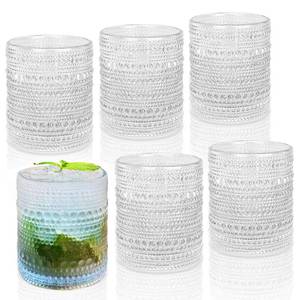 lot 15084 image: Hobnail Drinking Glasses Set of 6, 10 oz, Cocktail Glasses Vintage Glasses Drinking Set Glass Cups Mixed Drinkware Set Vintage Glassware Set for Juice, Cocktail, Whisky, Soda, Beverages. Clear