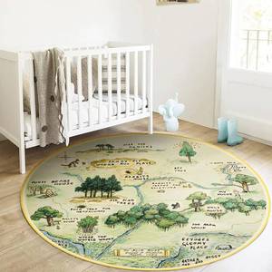 lot 15092 image: Estmy 4ft Cute Woodland Nursery Rugs for Girls Boys Neutral Non Slip Washable, Thin Pile Soft Cartoon Fun Map Round Kids Playroom Rug, Vintage Whimsical Retro Area Rugs Circle Carpet for Kids Bedroom