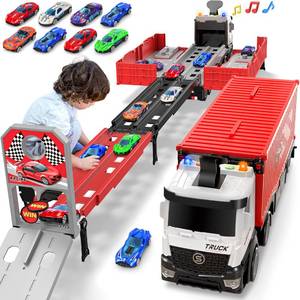 lot 15095 image: Carrier Truck Race Track Kids Toys, Foldable 3 Layer Toddler Track Playset, Toy Truck Transport Car Carrier & 8 Race Cars, Truck Car Toddlers Toys Xmas Gifts for Age 3 4 5 6 Years Old Boys Girls