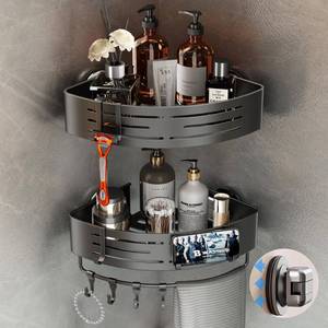 lot 16251 image: Voldra Corner Shower Caddy Suction Cup, 2 Pack Corner Shower Shelves No Drilling, Aluminum Upgrade Suction Cup Shower Organizer with Towel Bar & Hooks Removable Bathroom Storage Rack(Gray)