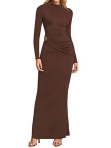 lot 16280 image: URYIAO Womens Long Sleeve Ruched Bodycon Maxi Dress Fall Winter Formal Elegant Cocktail Party Dresses XL Brown