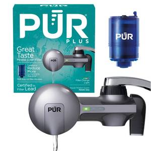 lot 16285 image: PUR Plus Horizontal Faucet Mount Filtration System with 3-in-1 Lead Reducing Filter, Water Filter for Sink, Lasts 100 Gallons, Compatible with Sinks with External Aerators, Metallic Grey