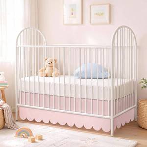 lot 16293 image: Hahafelt Scalloped Crib Skirt for Baby Girl Nursery, 28x 52 with 14 Drop, 4-Sided Dust Ruffle, Soft Breathable Fabric, Elegant Nursery Decor, Fits Standard Crib, Pink