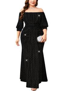 lot 16294 image: TIARALY Plus Size Sparkly Formal Dress Off Shoulder Puff Sleeve Mermaid Maxi Dresses Cocktail Wedding Party Evening Gown, Black, 0X