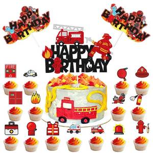 lot 16297 image: Fireman Cupcake Cake Topper Fire Hydrant Truck Firefighter Helmet Themed for Kids Boy Girl Happy Birthday Cake Decorations 33Pcs Party Supplies