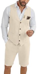 lot 16351 image: Short Suits for Men Vest Shorts Suits Set Slim Fit 2 Piece Summer Suit Beach Wedding Groomsmen Tuxedos Outfit Champagne Large