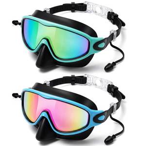 lot 16482 image: Saysurey 2 Pack Kids Swim Goggles with Nose Cover Wide View Diving Mask Anti Fog UV No Leaking Pool Swimming Goggle for Youth 8-14 (Green Colorful Green Gold,Blue Colorful Pink)