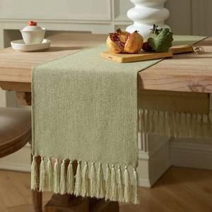 lot 18336 image: ZeeMart Sage Green Table Runners 60 Inches Long, Burlap Linen Style Rustic Farmhouse Table Runner, Boho Woven Dining Table Runner, 13x60 Inches, Light Sage Green
