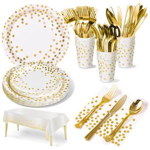 lot 18371 image: Nkaiso 141 Pieces White Gold Party Supplies, Disposable Party Decorations Sets Include Paper Plates Napkins Cups, Plastic Forks Knives Spoons, for Baby Shower Birthday Wedding -20 Guests