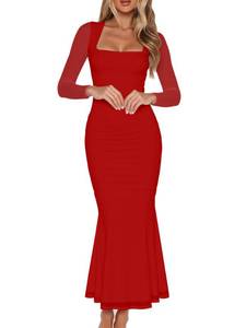 lot 18376 image: BORIFLORS Womens Ruched Bodycon Long Sleeve Maxi Dress Mesh Square Neck Cocktail Party Long Dresses, Medium, Red