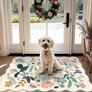 lot 18377 image: Washable 2x3 Entryway Scalloped Rug Floral Thin Door Mat Non Slip Water Resistant Kitchen Bathroom Area Rug Indoor Ultra Soft Carpet for Laundry Nursery Living Room Bedroom Soft Floor Mat (2x3,Cream)