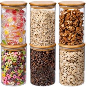lot 19672 image: Xoniwis 32oz 6PCS Round Airtight Glass Food Storage Jars, Clear Glass Food Storage Container with Bamboo Lid, Stackable Spice Jar, Kitchen Canister for Sugar, Tea, Coffee bean, Pasta, Oat, Spice