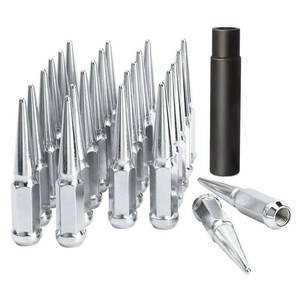 lot 19749 image: DYNOFIT 14 mm x 1.5 Wheel Spike Lug Nuts, 24 x Chrome M14x1.5 Lug Nut, ConeConical Bulge Seat, Silver Closed End Nuts with 1 Socket Key Compatible with Chevy Silverado 1500 Aftermarket Wheel (missing pieces)
