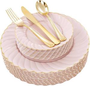 lot 19757 image: YOUBET 125Pcs Pink Plastic Plates with Gold Rim - Scalloped Plastic Plates Set Includes 25 Dinner, 25 Dessert Plate, 75 Gold Silverware for 25Geusts for Wedding Birthday Baby Shower Mothers Day
