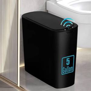 lot 19765 image: TIPGO 5 Gallon Motion Senor Bathroom Trash Can with Lid, Automatic Garbage Can Touchless, Smart Plastic Waste Basket for Narrow Spaces, Bathroom, Office, Bedroom, Living Room (Black)(cosmetic damage on lid)