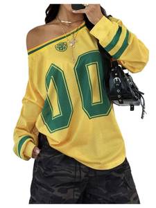 lot 20120 image: SHENHE Womens Oversized Graphic Jersey Shirt Y2k Off Shoulder Long Sleeve Top Streetwear Yellow X-Large