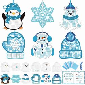 lot 20134 image: Feifeiya 24 Set Winter Suncatchers Crafts DIY Window Tissue Paper Suncatchers Winter Craft Make Your Own Hanging Ornaments for Christmas Holiday School Party Activities Art Projects