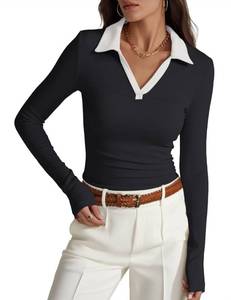 lot 20137 image: Prettywear Womens Long Sleeve Polo Shirts Business Casual Work Top Blouse Fitted Collared V Neck 2026 Spring Fashion Clothing Size XS
