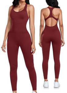 lot 20154 image: OLCHEE Womens Workout Jumpsuits Seamless Yoga Gym Bodycon Rompers Sexy Racerback Tummy Control Padded Bra Unitard - Red X-Large