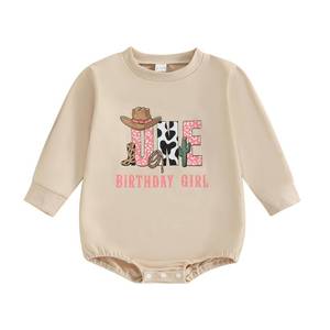 lot 20168 image: First Birthday Outfit Girl Baby Bubble Sweatshirt Romper Long Sleeve Shirt Bodysuit Cute My First Rodeo Wild One Birthday Outfit (L-Apricot,12-18 Months)