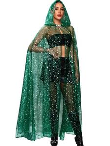 lot 20177 image: Kaei&Shi Star Tulle Cape,Long Sheer Hooded Cloak Gothic Witch Costume,Celestial Dress For Women Halloween Wedding Green 4 3 Modest Train 1 size fits most