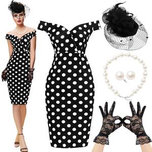 lot 20214 image: JenPen 5 Pcs Tea Party Dresses Vintage Rose Polka Dot Dress 1950s Derby Pencil Bodycon for Women Ladies Party Attire(Small,Fresh,White Black)