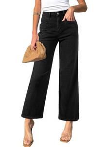 lot 20255 image: Sidefeel Jeans for Women Wide Leg High Waisted Stretchy Jeans Straight Leg Zimbaplatinum Ankle Denim Pants with Slant Pockets Black Size 10