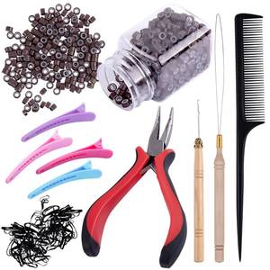 lot 20264 image: Duufin Hair Extensions Kit 500 Pcs Brown Micro Ring Beads 1 Micro Beads Plier 2 Hook Needle Pulling Loop 4 Plastic Alligator Hair Clips 1 Comb and 2 Bags Black Mini Rubber Hair Elastic