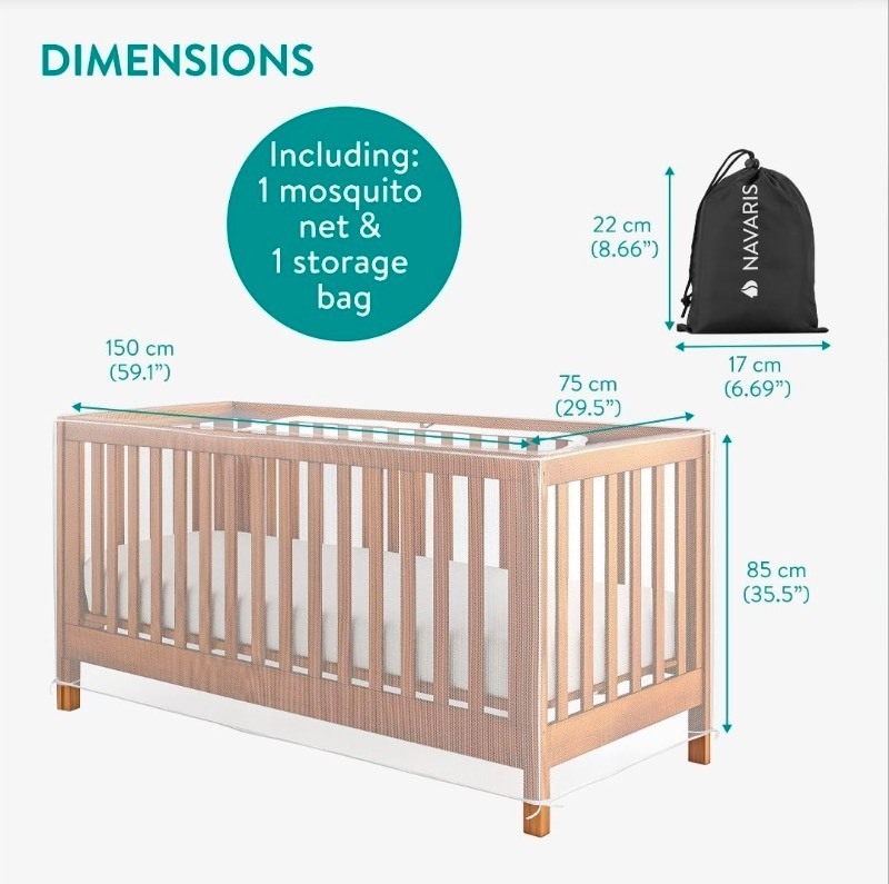 lot 5111054 image: Navaris Mosquito Net for Crib - Safe Crib Netting Mesh - Baby Crib Cover w Easy Access Double Zip - Perfect for Travel & Home Use - Bug Protection for Nursery Playpen Bassinet - Retail $20