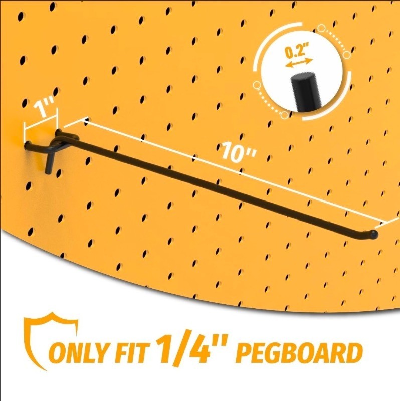 lot 5111174 image: HUHOLE Black Pegboard Hooks, Heavy Duty Pegboard Hooks, Fit 14, Powder Coated Steel,  10 inch, 25PC - Retail $23