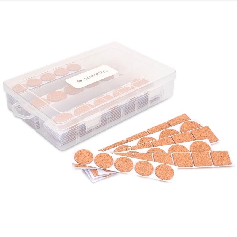 lot 3565158 image: Navaris Cork Furniture Pads - Pack of 215 Self-Adhesive Wooden Hardwood Floor Non-Slip Stick-On Protectors with Box - Assortment of Shapes and Sizes - Retail $13