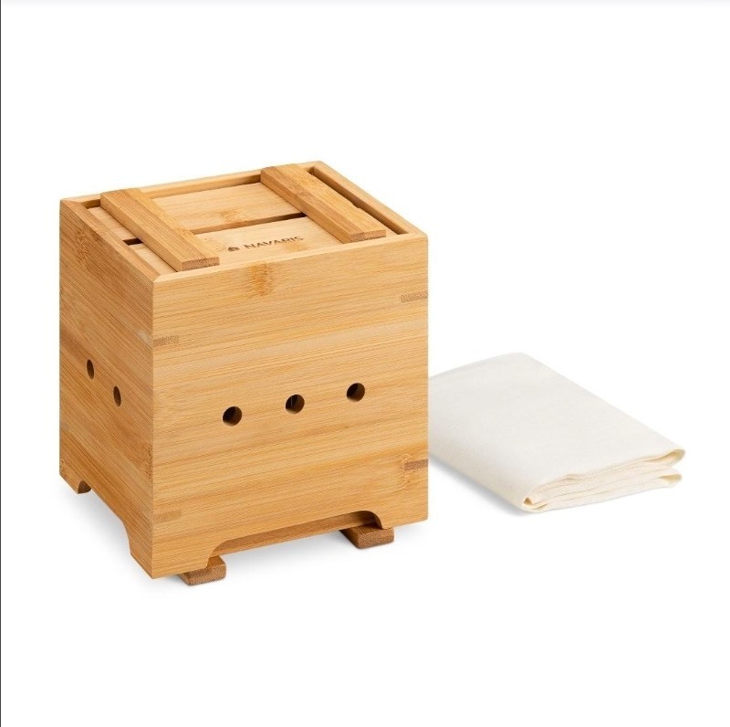 lot 3565174 image: Navaris Bamboo Tofu Maker Kit - Tofu Mold for Making Fresh Homemade Tofu, Cheese, Tempeh - Tofu Making Kit Made of High Quality 100% Natural Material - Retail $32