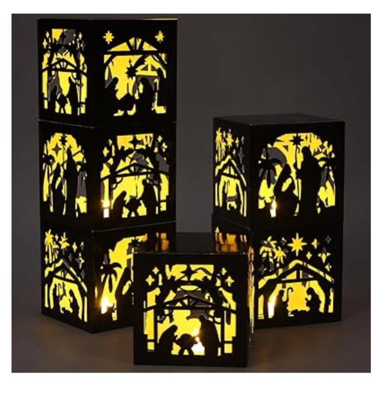 lot 4136 image: Watersay6 Pcs 7.9 Inch Christmas Nativity Scene Decoration Box Lighted Xmas Paper Christmas Centerpieces with LED Candle Jesus Nativity Photo Props for Indoor Outdoor Table Christmas Party Supplies - Retail $0