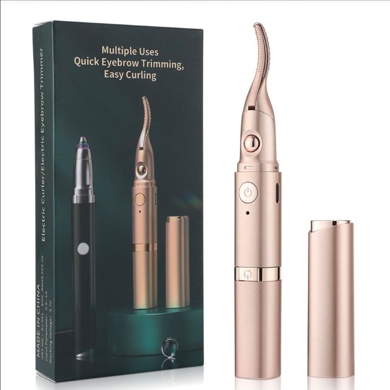 lot 5113041 image: Eyelash Curler & Eyebrow Trimmer Combo, 2 in 1 Heated Lash Curler and Eyebrow Trimmer with 2 Heating Settings, Fast Heating, LED Light for Precise Shaping & Natural Curl - Rose Gold - Retail $11
