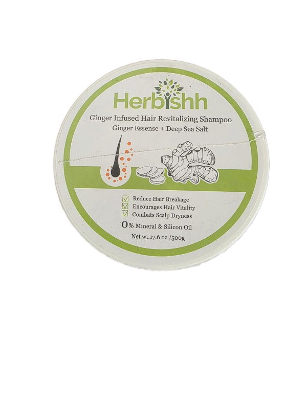 lot 5113055 image: Herbishh Ginger Hair Revitalizing Shampoo Jar with Deep Sea Salt -All Hair Type, Men & Women, 500g - Retail $8