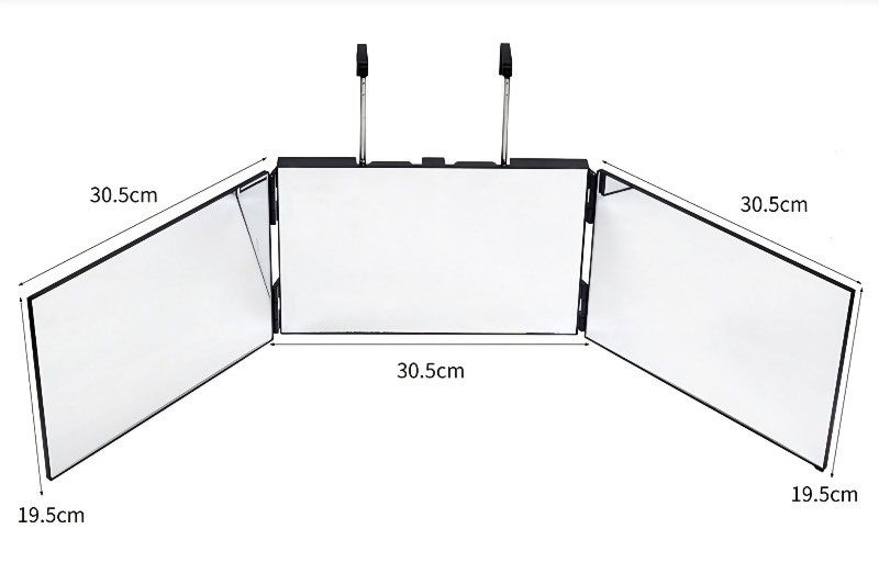 lot 5113005 image: 3 Way Mirror with 10x Magnifying Mirror, 360 Trifold Mirror with Height Adjustable Telescoping Hooks, Trifold Over the Door Mirror with Adjustable Hooks, Portable Makeup Mirror to See Back of Head - Retail $23