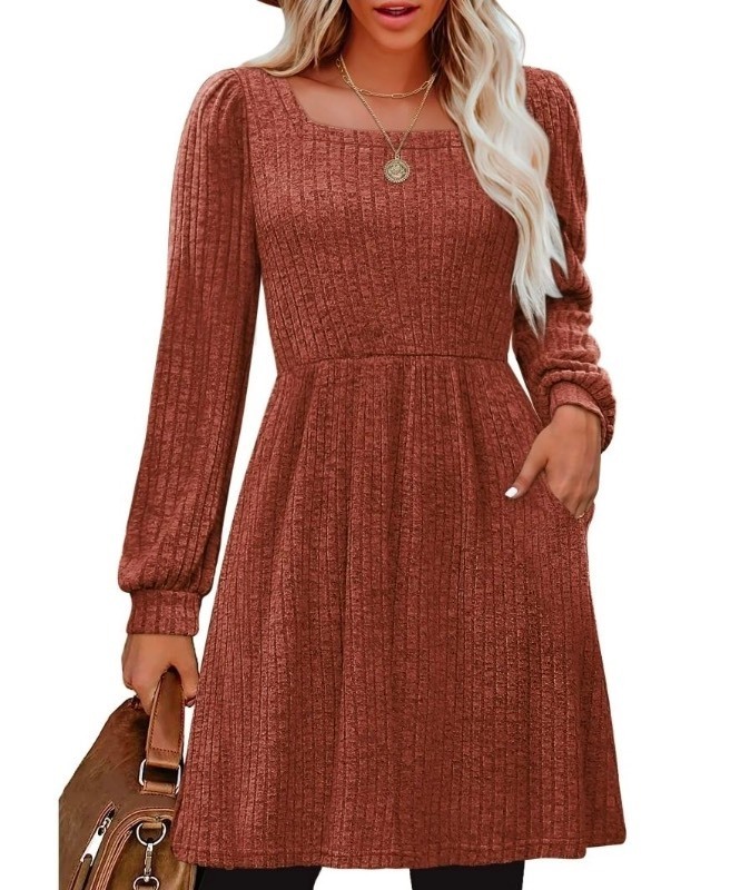 lot 5113088 image: SHINE UP Dresses for Women Fall Square Neck Long Sleeve Knee Length Dress with Pockets - Size Medium - Retail $11