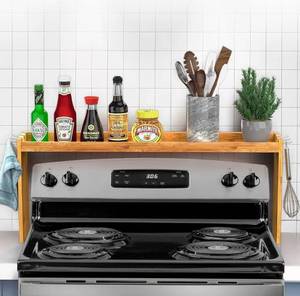 lot 4429 image: IIIOIIIA Bamboo Over the Stove Spice Shelf for Kitchen, 31.5 Spice Rack Organizer Shelf with 6 hooks, 11.4 Height Extra Storage Countertop, Easy to Assemble