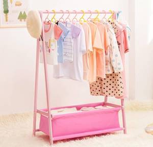 lot 4438 image: Kids Clothing Rack with Storage Box, Dress up Holder, Child Garment Hanger with Hanging Rods, Small and Foldable, Bamboo (Pink)