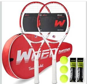 lot 4440 image: Pro Tennis Racket for Adults, 2 Player 27 inch Speed Tennis Racquet Acceptable for Beginner and Professional with 3 Tennis Balls, 2 Vibration Dampes, 2 Overgrips, Tennis Bag