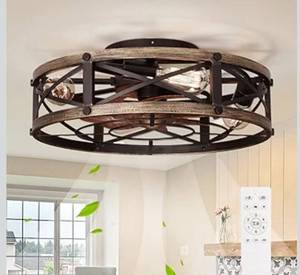 lot 4442 image: 19 Farmhouse Flush Mount Caged Ceiling Fans with Lights, Fandelier Rustic Low Profile Ceiling Fan with Light and Remote, Small Bladeless