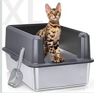 lot 4461 image: Enclosed Stainless Steel Cat Litter Box with Lid, XL Extra Large Litter Box for Big Cats, Metal Litter Pan High Sided, Never Absorbs Odors, Anti-Urine Leakage, Easy Cleaning, Include Scoop