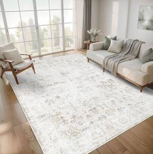 lot 4462 image: Washable 8x10 Area Rug for Living Room, Vintage Floral Rug Soft Non Slip Stain Resistant Boho Carpet for Bedroom Dinning Room Home Office Beige New